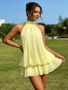Women's Summer Vacation Outfit: Slim Fit Sexy Backless Halter Neck Top Paired with a Fluffy Mini Skirt and Solid Color Short Dress