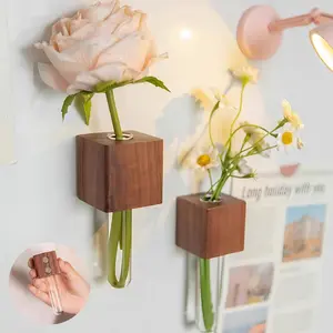 2Pcs Mini Vase Fridge Magnets,3D Magnetic Wooden Wall Vase Holders with Glass Test Tube,Cute Test Tube Plant Flower Vase,Magnetic Attachment Hard no Falling,Modern Home for Kitchen,Refrigerator,Bedroom,Wall,Office Decorations