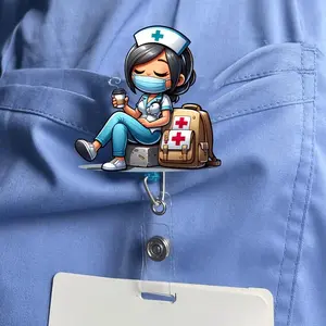 Nurse Themed Retractable Badge Holder, Medical Badge Holder, 1 Count Cute Nurse Design Badge Reel, Identification Badges & Supplies for Nurse, Doctor, RN & LPN, Acrylics