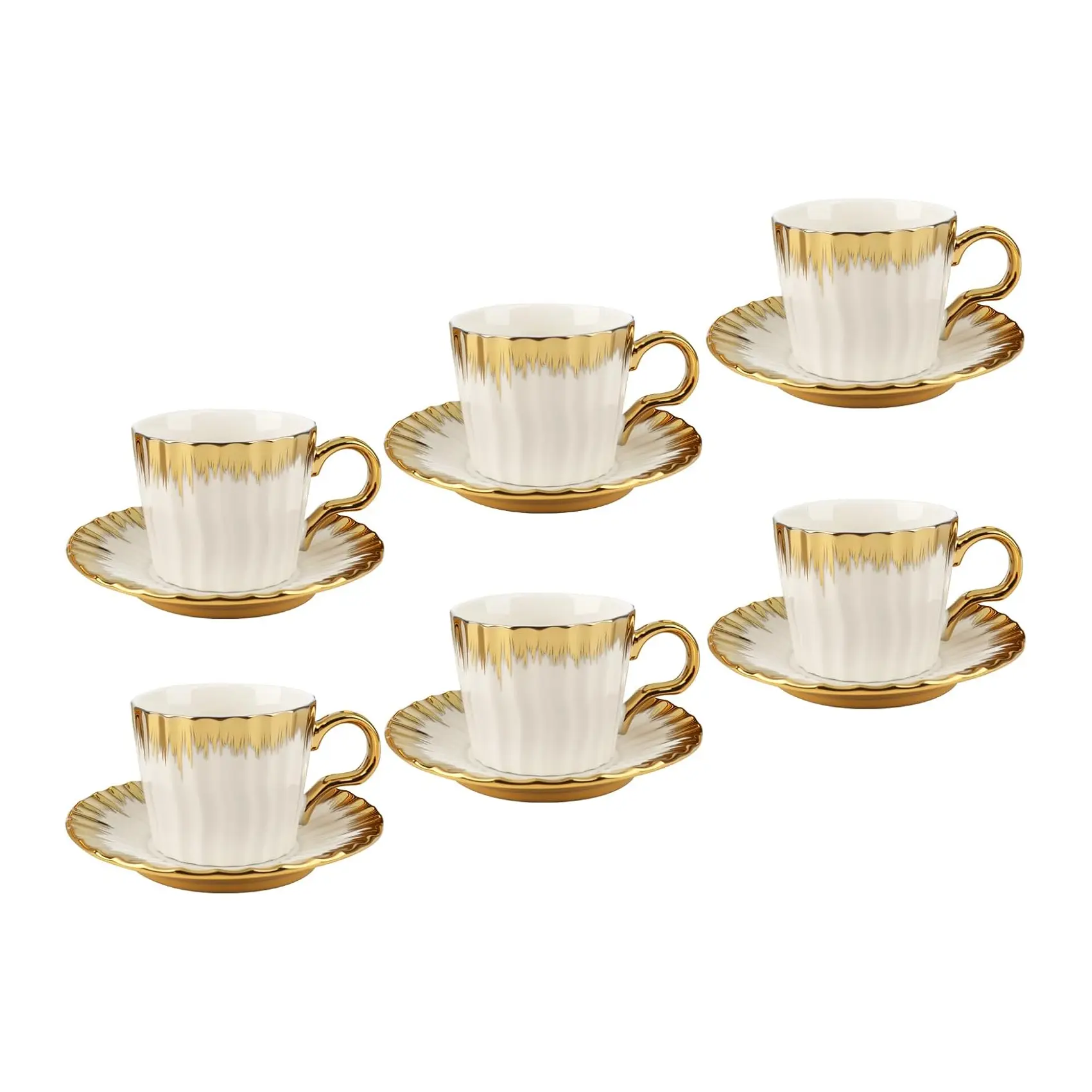 Turkish Ottoman-Style British Porcelain Coffee Cups Gift Set - 6 Cups + 6 Saucers, 3.2oz (100ml), Gold Trim, Heat-Retention Drinkware with Ottoman Elegance, Smooth Ceramic Feels Gentle in Hand, Versatile for Any Occasion, Ideal for Double Espresso, Party