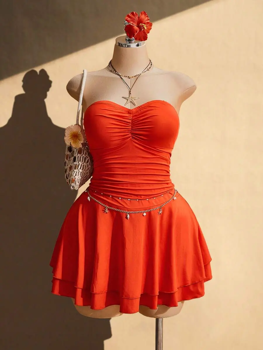 Plus Size Orange Ruched Waist A-Line Dress Strapless Backless Mini for Beach Vacation