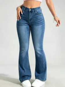 WH48 High Waisted High Stretch Crossover Denim Jeans for Women Flare Leg Bootcut Denim with Pockets Trendy & Flattering