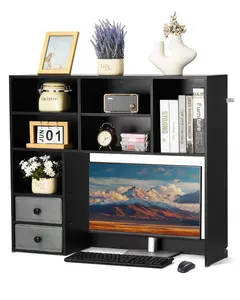 Desktop Bookshelf 3-Tier Storage Organizer For Office And Home, 37 X 10 X 31.1 Inches Wood Display Rack With Hutch, Two Fabric Drawers, Durable Office Decor, Black Suitable For Desks And Dorm Rooms, Sturdy Wood Finish.