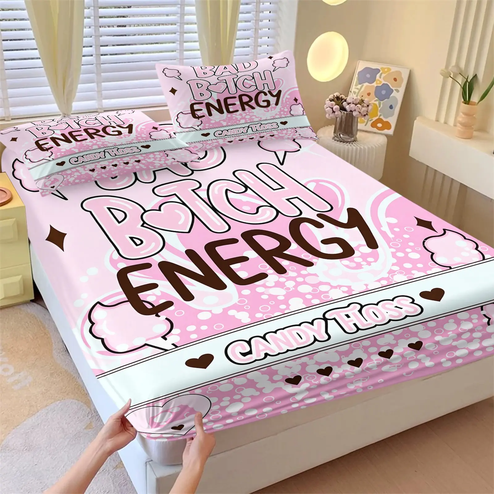 Bad Bitch Energy Fitted Sheet Set Queen Size 3 Piece, Pink Cotton Candy Y2K Aesthetic, Soft Microfiber Bed Sheets Deep Pocket, Non Slip Elastic All Around, 1 Fitted Sheet with 2 Pillowcases, Funny Dorm Bedroom Decor, Best Friend Birthday Gift for Girls