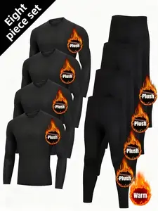 8pcs Set Men's Thermal Underwear Winter Warm Slim-Fit High-Elasticity Full Set (Shirt & Pants) - Black Round-Neck Long Sleeve Base Layer for Skiing, Gym, Outdoor Activities - All-Season Cold Weather Clothing, Machine Washable