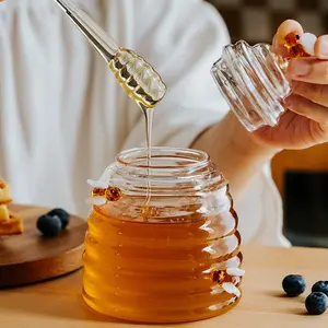 High Borosilicate Glass Heat Resistant Bottles (1 Honey Jar + 1 Stirring Rod), Glass Containers for Honey Storage, Candy Jars, Spices, Condiment Containers, Pasta Sauce