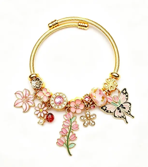 Dreamy Spring Pink Floral Butterfly Charm Gold Cable Bangle, Cute Enamel Lily Sakura Ladybug Crystal Rhinestone Adjustable Wire Bracelet, Aesthetic Jewelry Gift for Women Girls