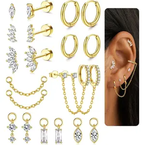 Fansilver Gold Earring Stacks for Women Hypoallergenic Flat Back Stud & Hoop Earrings Set - Surgical Steel Cartilage Chain Earrings with CZ Charms - Dainty Tragus Huggie Earring Sets for Multiple Piercing