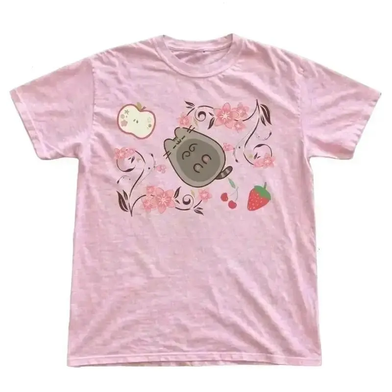 Vintage Pusheen Pink Cat T-Shirt, Cute Cherry Blossom Fruit Graphic Tee, Japanese Style Pastel Aesthetic Gift Shirt, Gildan Unisex Comfort Fit