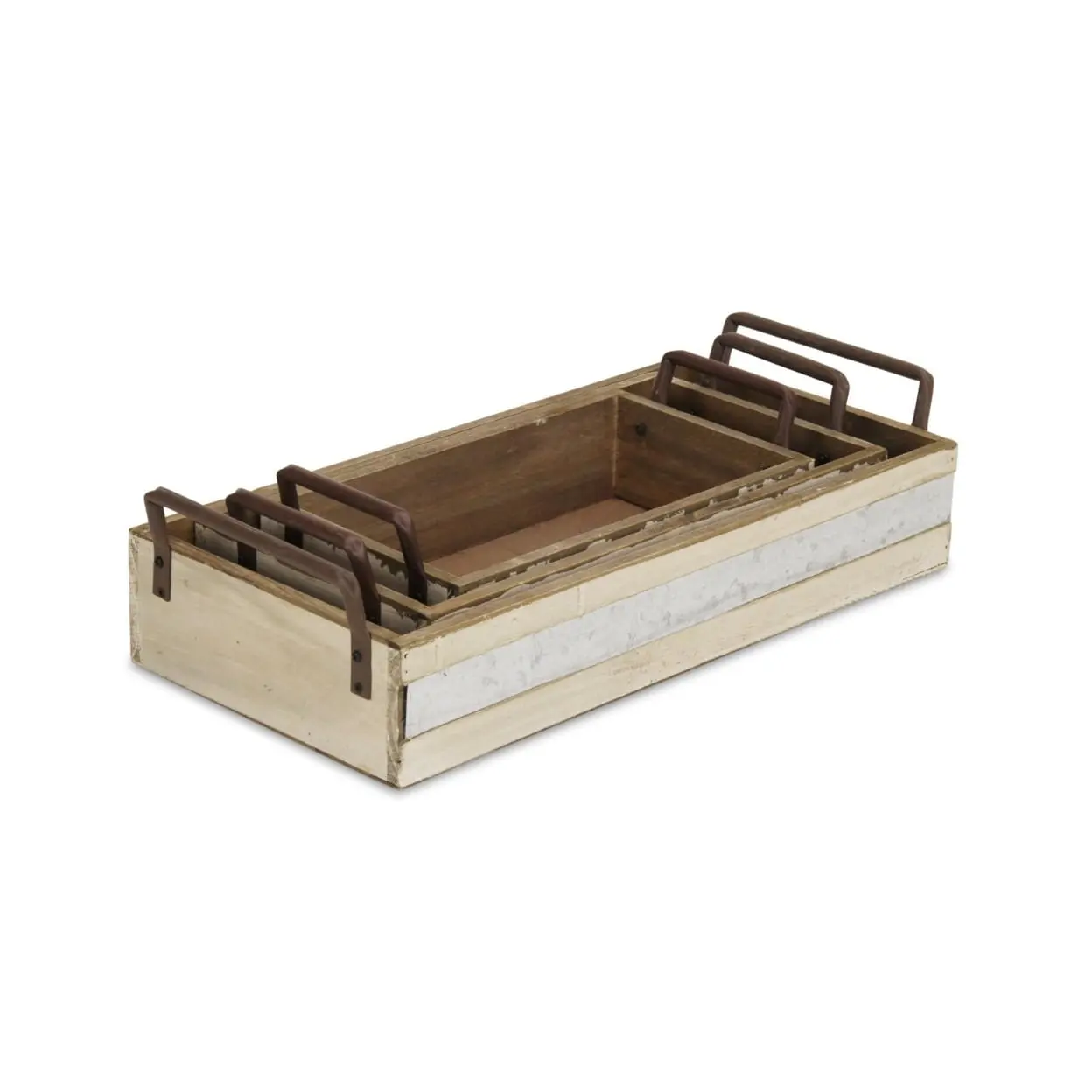 Long Rectangular Wood Crate with Side Metal Handles & Metal Panel on Side of Crate - Set of 3