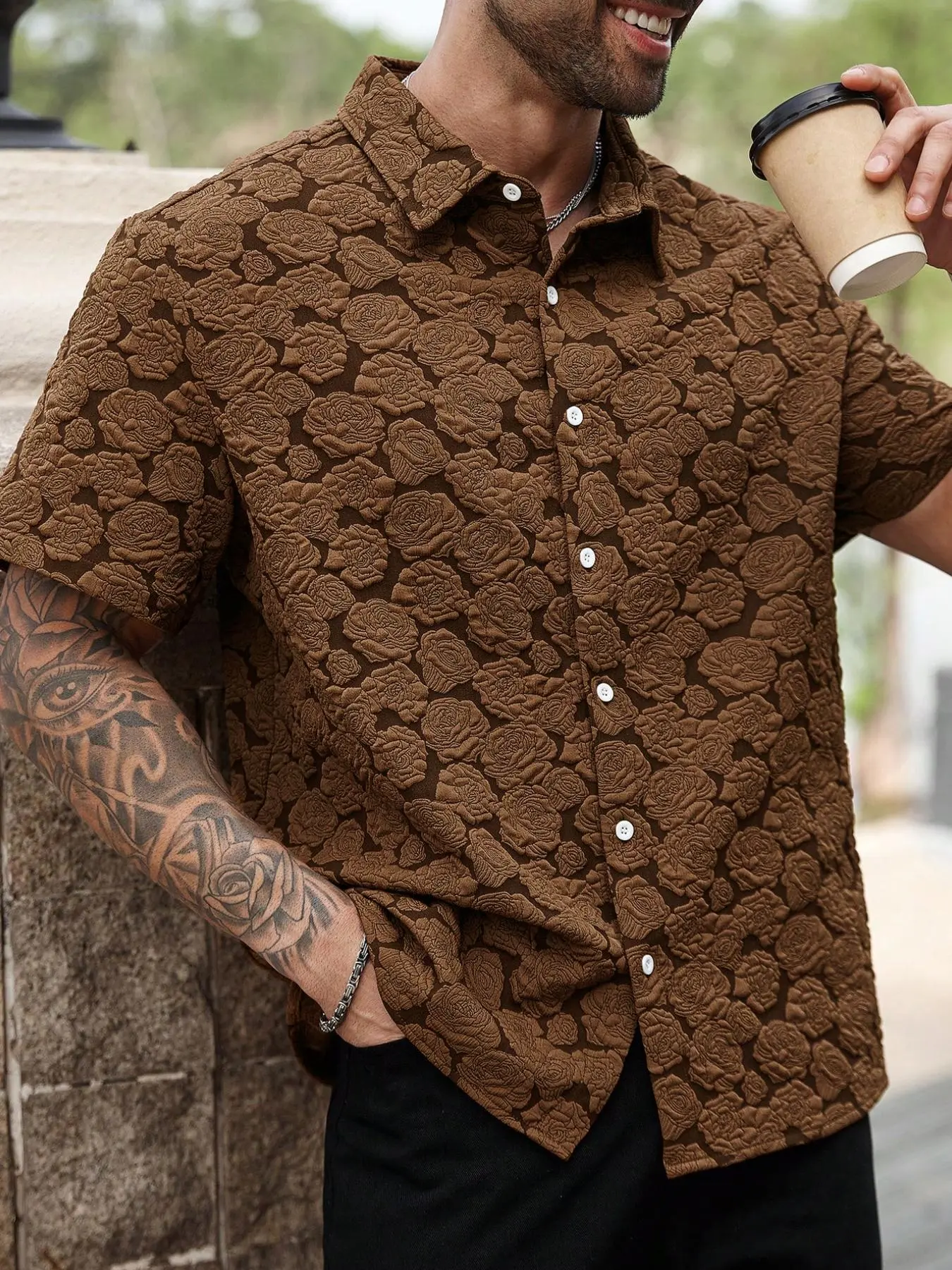 Plus Size Men's Vintage Floral Rose Print Short Sleeve Casual Fashion Shirt, Regular Fit Casual Soft Collared Button-Down Top for All Seasons Daily Wear Menswear
