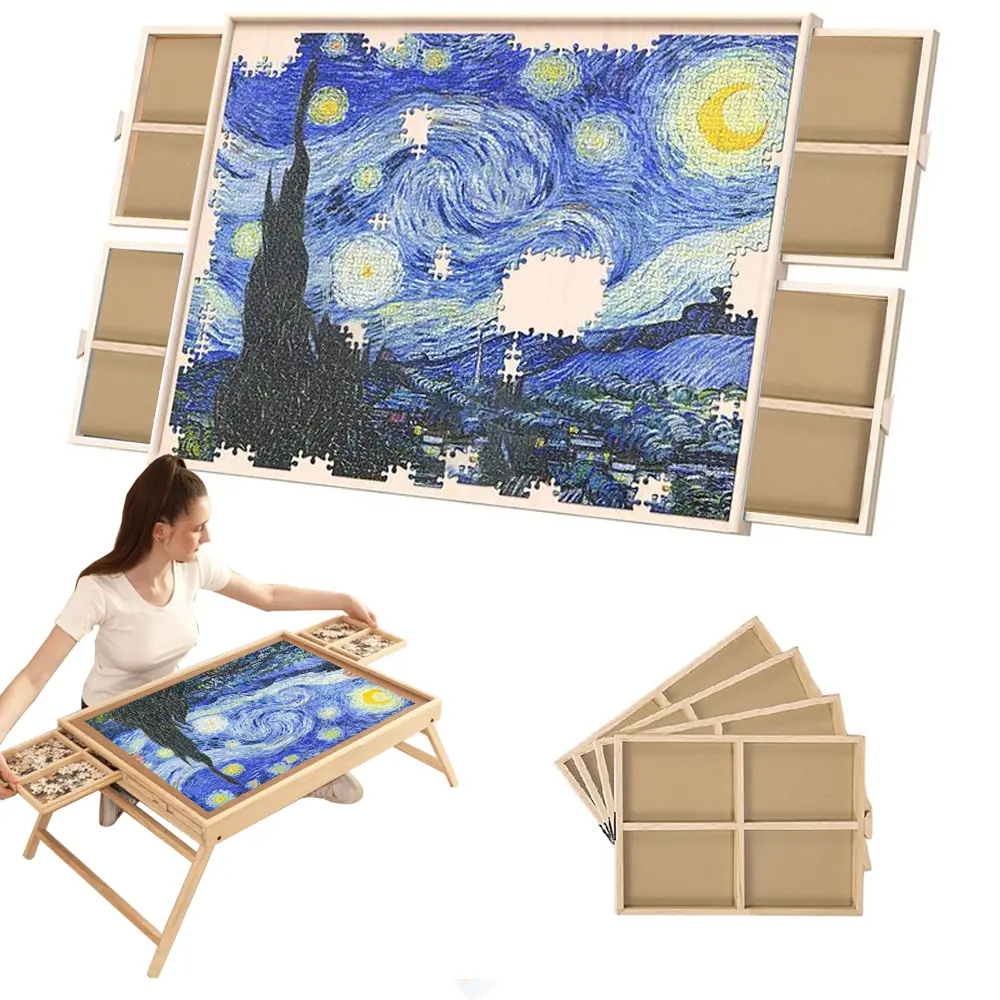 Wooden Puzzle Table with Drawers, Cover and Folding Legs - 29.92in x 22.04in Wooden Puzzle Board, Gift for Loved Ones