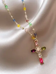 Colorful Zircon Cross Necklace, Chain with Multi-Color Beads, Religious Christian Pendant Jewelry, Women's Gift, Jewelry for All Seasons, Statement Necklace