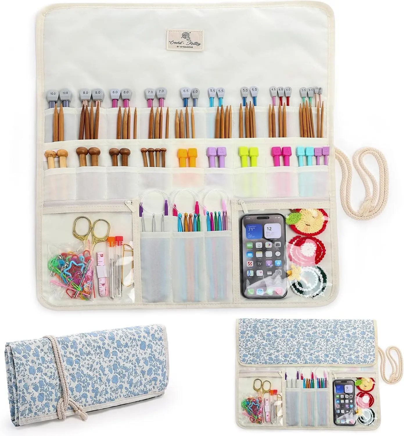 MYBAGZING Knitting Needle Organizer Case Up to 14”, Rolling Storage for Straight & Circular Knitting Needles, Crochet Hook Organizer Bag, Knitting Notions Case, Foldable Travel Needle Holder(BAG ONLY) Gift