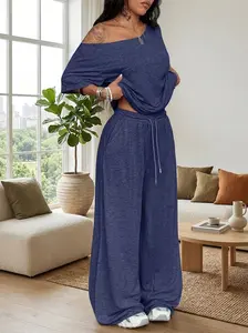 Women's Casual Solid Color Sport Two-Piece Set, Loose Long Pants & Wide Leg Slant Neck Pant Suit, Spring & Fall Fashion