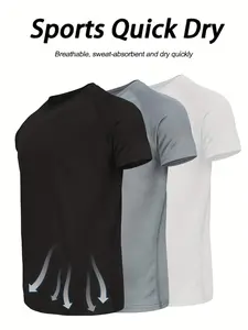 Men's 3pcs Sporty Tee Short Sleeve, Quick-Dry Breathable Sweat-Wicking Top, Plain Round Neck, Lightweight Basketball Wear for Outdoor Fitness, Gym T Shirts
