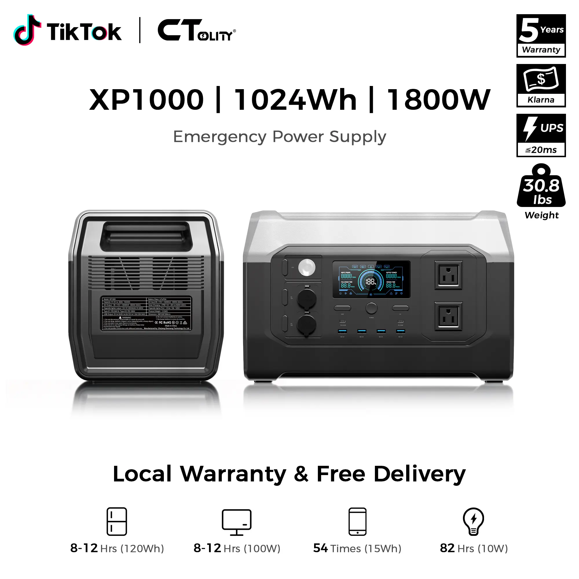 [TikTokShopBackToSchool] CTOLITY XP1000 Portable Power Station, 1800W 1024Wh LiFePO4 Solar Generator, 1.2 Hour Fast Charging, Home Blackout Backup, Camping & Road Trip Essentials