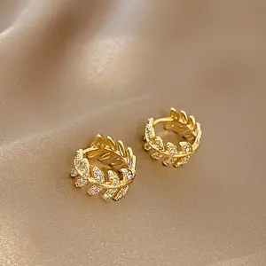 Zircon leaf earrings golden pair for women jewelry fashion accessories