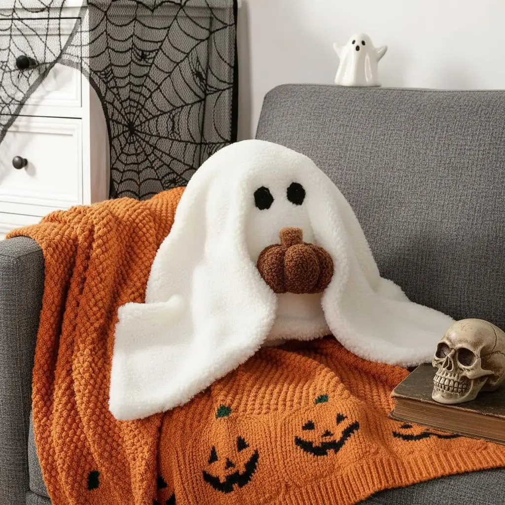 Cute Ghost with Pumpkin PP Cotton Stuffed Throw Pillow, Soft Halloween Plush Cushion for Bedroom Sofa Living Room Home Decoration