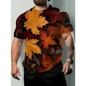 3D Printed Maple Leaf Pattern Men's Fashion Crew Neck T-shirt, with Three-dimensional Print and Comfortable Fit, Suitable Daily Wear in Summer, Casual Street Style, an Excellent Choice Boyfriends