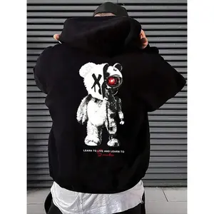 Men's Graphic Long Sleeve Thermal Hoodie - Cartoon Bear Print, Drop-Shoulder, Casual Regular Fit, Drawstring Pocket, Love-Inspired Ghost-Theme Menswear Streetwear Clothes for Fall Winter Daily & Outdoor Wear