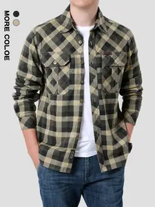Men's Houndstooth Plaid Long Sleeve Shirt, Checked, Casual Fashion Lapel Collar, Spring & Fall Outdoor Wear, Water Washed Workwear Top