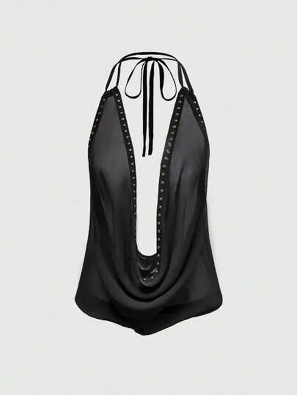 AngleKiss Grunge Punk Spring/Summer Casual Sexy Deep Draped Neck Backless Halter Women Tank Top