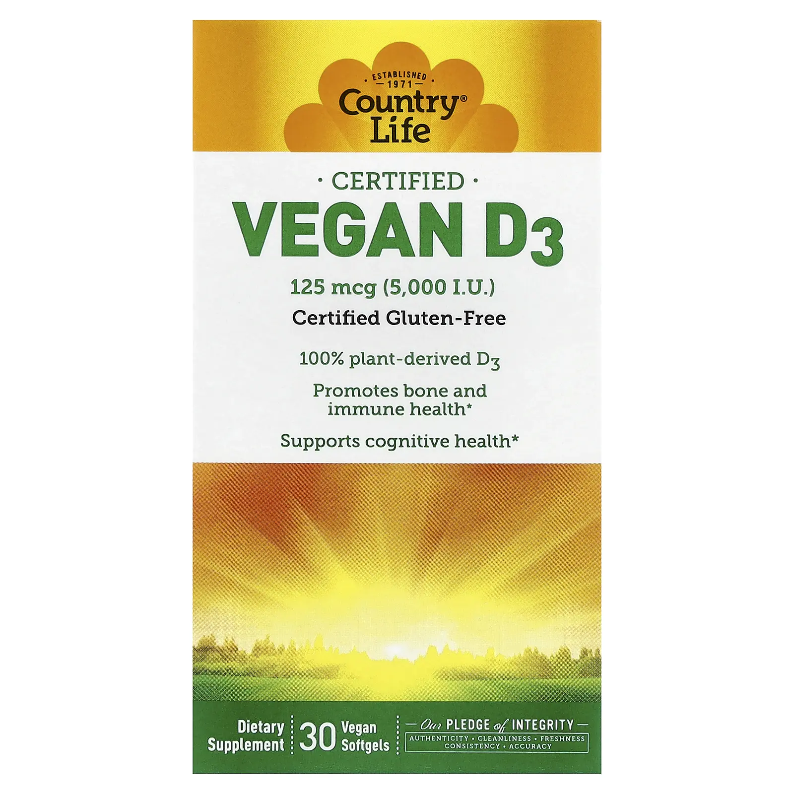 Country Life Certified Vegan D3, 125 mcg (5,000 IU), 30 Vegan Softgels