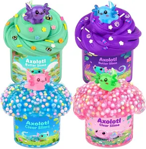 4 Pack Axolotl Slime Kit, Butter & Clear, Slime Party Favors for Kids with Axolotl Charms, Soft and Stretchy, Pink Blue Purple Green Slime for Girls & Boys 4-12