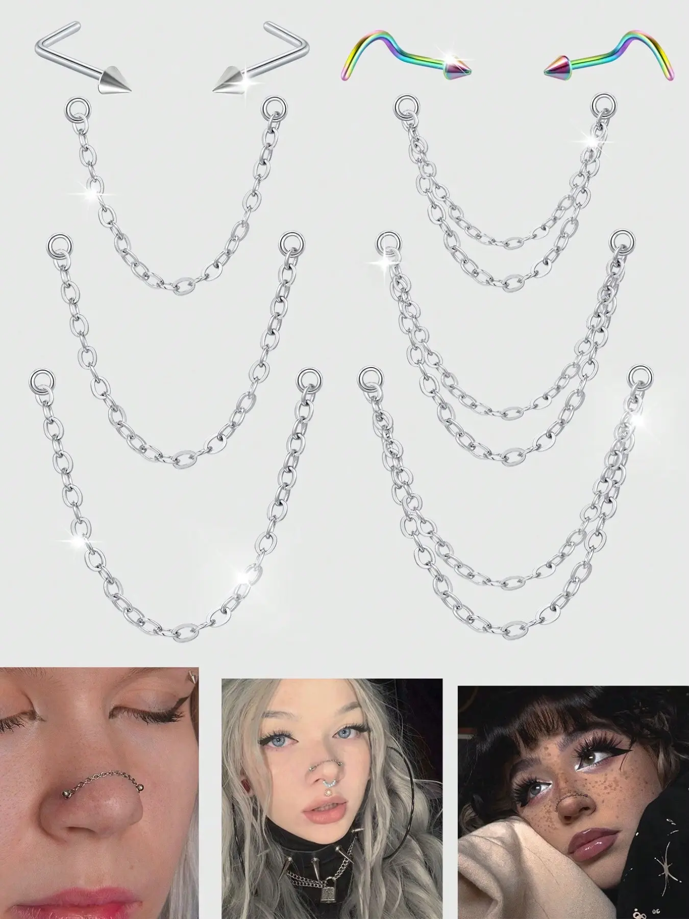 Nose Rings Chain Across Nose Piercings For Women Men Stainless Steel Nose Ring Jewelry Double Chains Corkscrew L Shaped Bar 25mm 30mm 35mm Chains Nose Studs Nose Ring Stud Double Nose Chain Piercing For Women Men