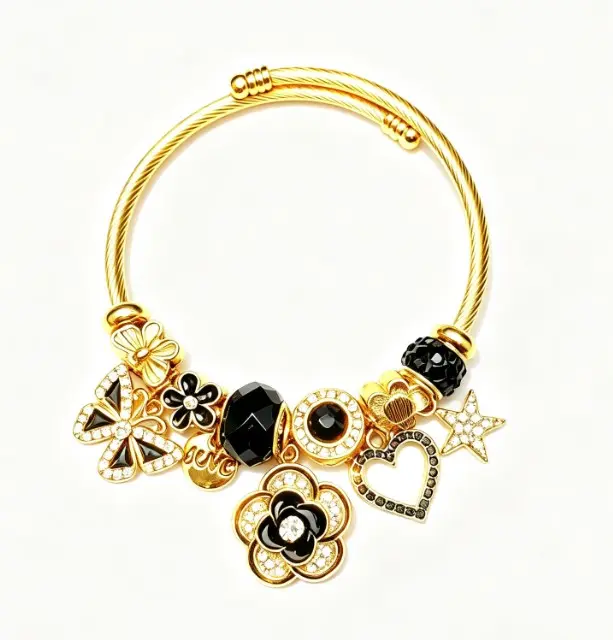 Gold Black Clover Charm Bangle Bracelet for Women, Adjustable Twisted Cable Wire Open Cuff Bracelet with Butterfly Star Heart Crystal Beads Charms, Luxury Dainty Jewelry Gift for Birthday Anniversary
