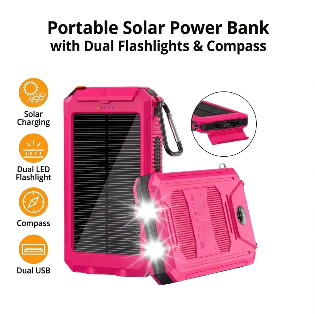 Portable Solar Power Bank With Compass Dual USB Port Dual LED Flashlight External Battery Pack For Camping Hiking Travel Emergency Home Lighting charger