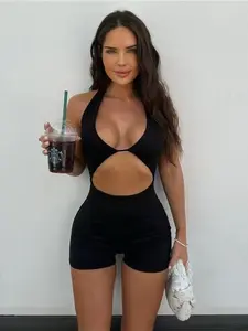 Women's Solid Color Halter Neck Fitted Romper, Womenswear Fashion Casual Hollow Out Romper for Daily Outdoor Wear, Women Rompers for Summer