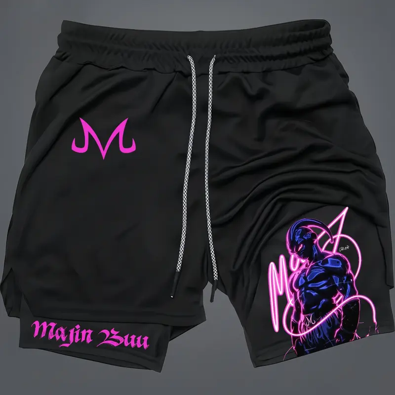 Majin Buu Print 2 in 1 Drawstring Waist Shorts, Quick Dry Swim Trunks, Loose Casual Pocket Track Shorts, Workout Clothes, Activewear, Graphic Track Shorts