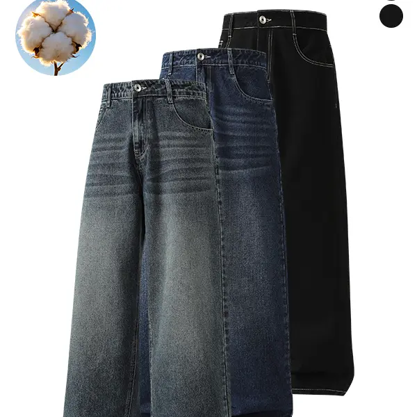 3-pack men’s cotton wide-leg jeans, loose fit with straight cut, casual street retro gradient wash denim fabric