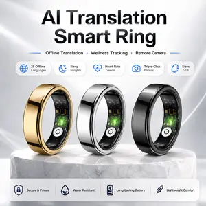 AI Translation Smart Ring, 28 Offline Languages, No Subscription Fitness Tracker Ring with Sleep Insights, Heart Rate Trends, Blood Oxygen Trends, Remote Camera Control, Water Resistant Smart Wearable, Size Guide Included, Gold Silver Black, Sizes 7-13