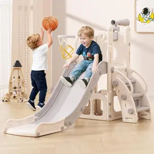 BIERUM 6-in-1 Toddler Slide & Climber with Basketball & Telescope， Indoor Outdoor Playground for Ages 1-3