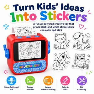 NeuroBuddie AI Sticker Printer for Kids - Portable Voice-Printing Mini Thermal Device with Small Screen, for StickerBox, Journals, Labels, Includes 5 Free Thermal Printer Paper Rolls, Fun AI Toy