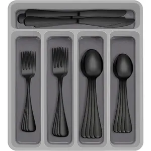 60-Piece Black Silverware Set with Organizer, Stainless Steel Flatware for 12, Cutlery Utensil Set for Home Restaurant, Tableware Includes Knife Fork Spoon Set, Mirror Polished Dinnerware Sturdy