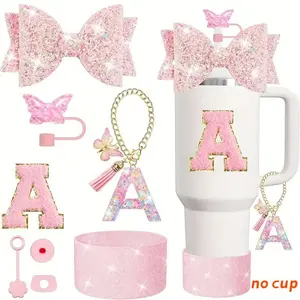 No Cup,Shiny Stanley Cup Accessories Set for 30oz/40oz Cups, Elegant Gift Box, Includes Letter Charm, Diamond Straw Lid, Glitter Silicone Sleeve