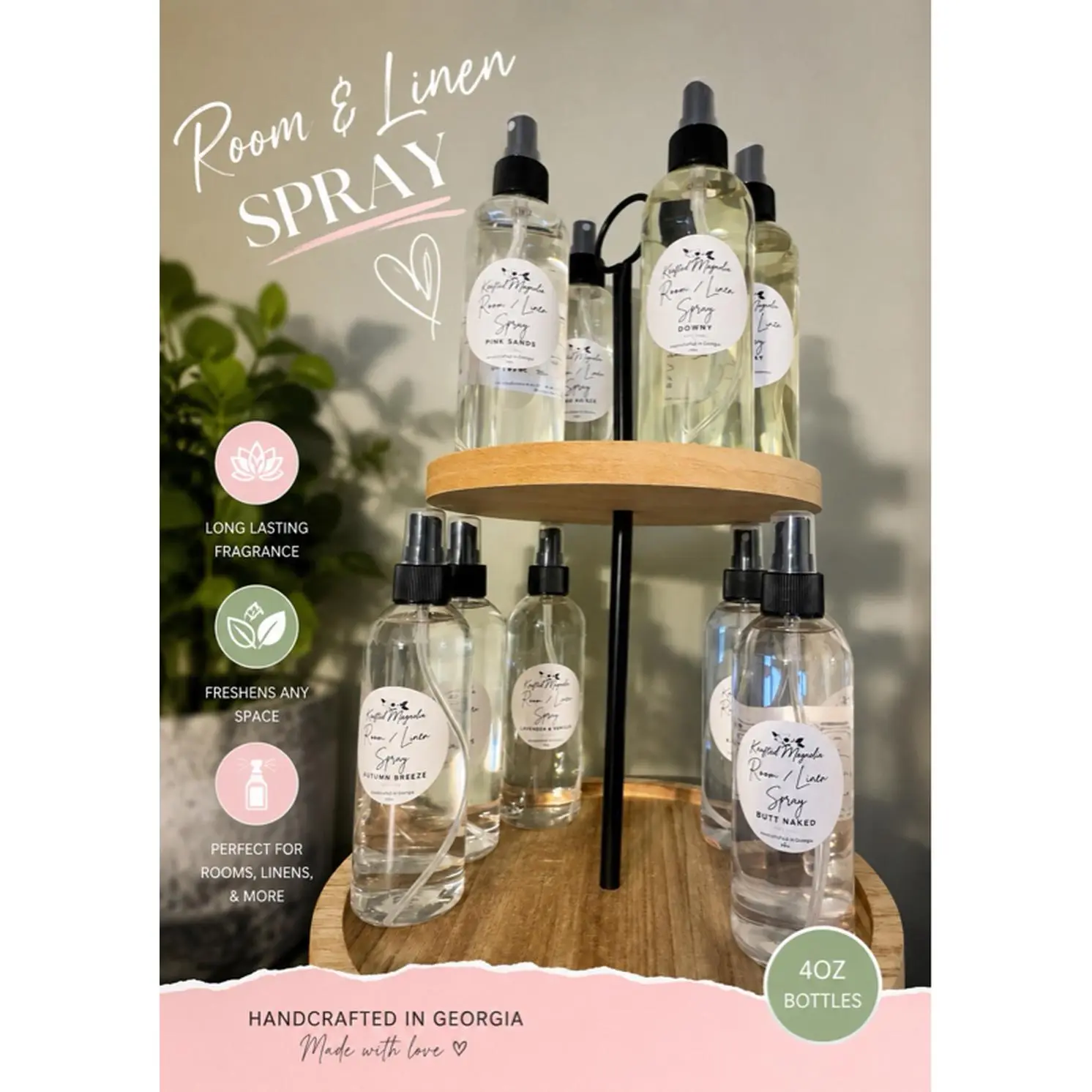 8oz Room & Linen Spray - Triple Scented, Long Lasting Fragrance, Handcrafted in Georgia, Perfect for Rooms, Linens, & More