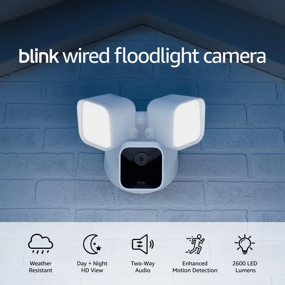 Blink Wired Floodlight Camera, Smart Security Camera, 2600 Lumens, HD Live View, Enhanced Motion Detection, Built-In Siren, Works with Alexa, 1 Camera (White)