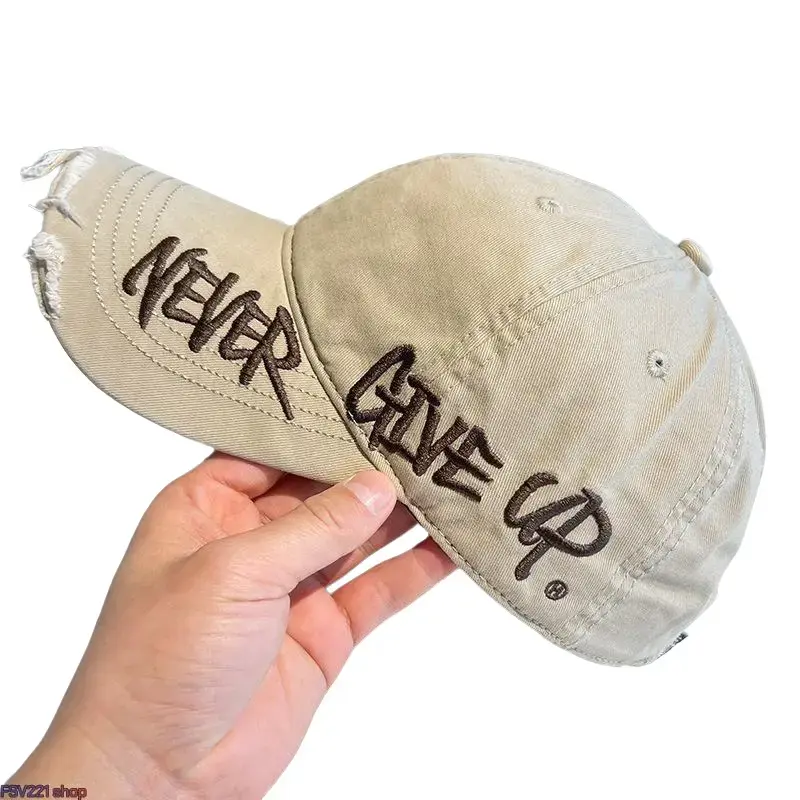 Unisex Distressed Embroidered Dad Hat - Vintage Streetwear Curved Brim Ripped Washed Sun Protection Funny Cap, Graphic Hat Ideal for Casual Wear，Distressed Graffiti "Never Give Up" Hat, Ideal for Streetwear, Casual & Outdoor