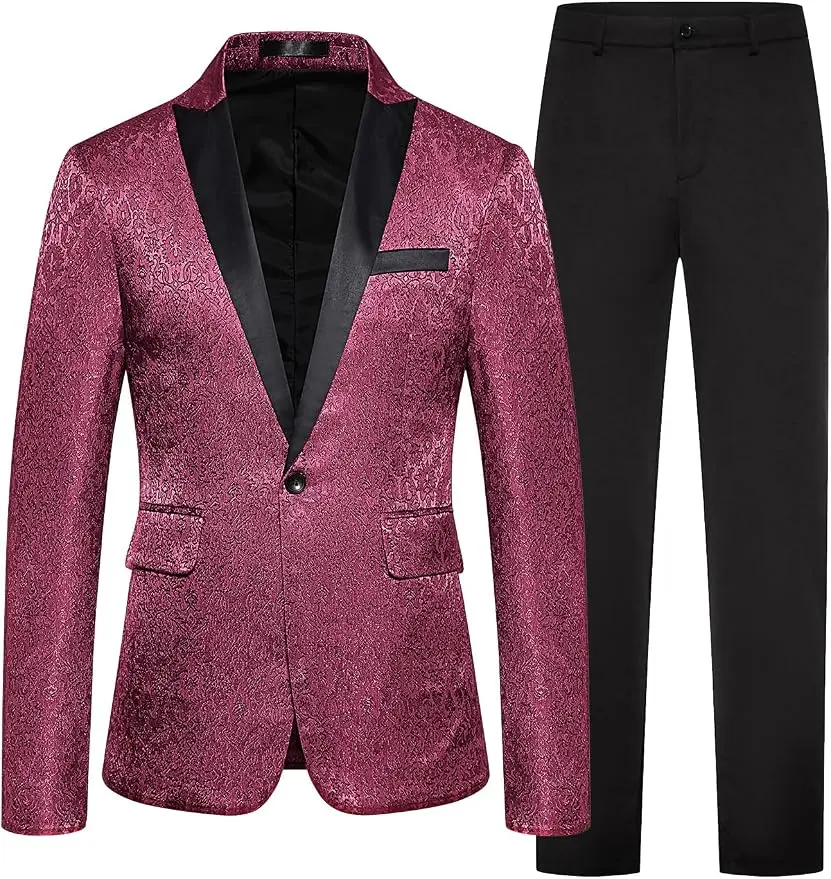 Men's Jacquard Tuxedo Jacket Blazer with Black Pants Formal Wedding Prom Suit - Red - XL