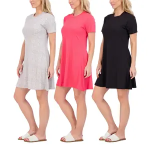 Real Essentials 3-Pack: Womens Soft Lounge Swing Casual T-Shirt Dress (Available in Plus Size)