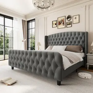 Sleek Velvet High Profile King/Queen Platform Bed 51 Inch Tall Frame Elegant Deep Button Tufted Wingback Headboard And Footboard Soft Full Upholstered Design Effortless Installation Sturdy Bed Base No Extra Box Spring Needed
