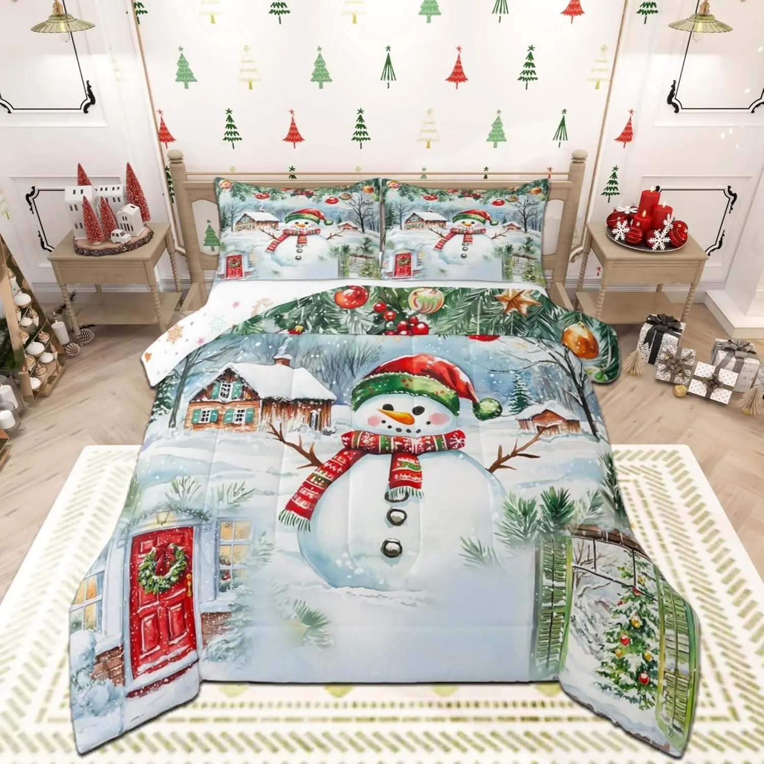 Merry Christmas Comforter Set,Watercolor Cute Snowman Pine Trees Bedding Set for Kids Boys Men,Xmas Cartoon Decor Natural Quilted Duvet Set