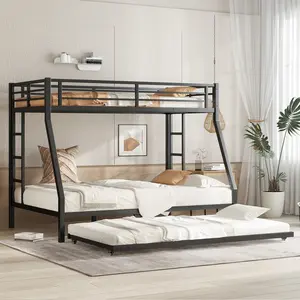Twin over Full Metal Bunk Bed with Twin Size Trundle, Black, Heavy Duty Steel Frame, Space Saving Design for Kids Teens Guest Room, No Box Spring Needed, Easy Assembly, Durable Bed Frame, Bedroom Furniture for Bedroom, Guest Room, Kids Room