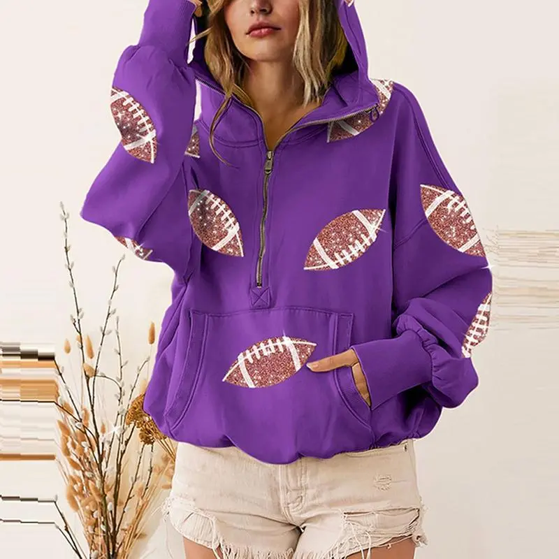 HerGarment Box Women's Preppy Oversized Comfortable Light Sequin Football Game Day Pullover Hoodie - Long Sleeve, Adjustable Drawstring, Kangaroo Pocket, Tailgate Casual Sports Sweatshirt, Lightweight, Fashion, Party, Loose, Cute, Fabric, High School, Min