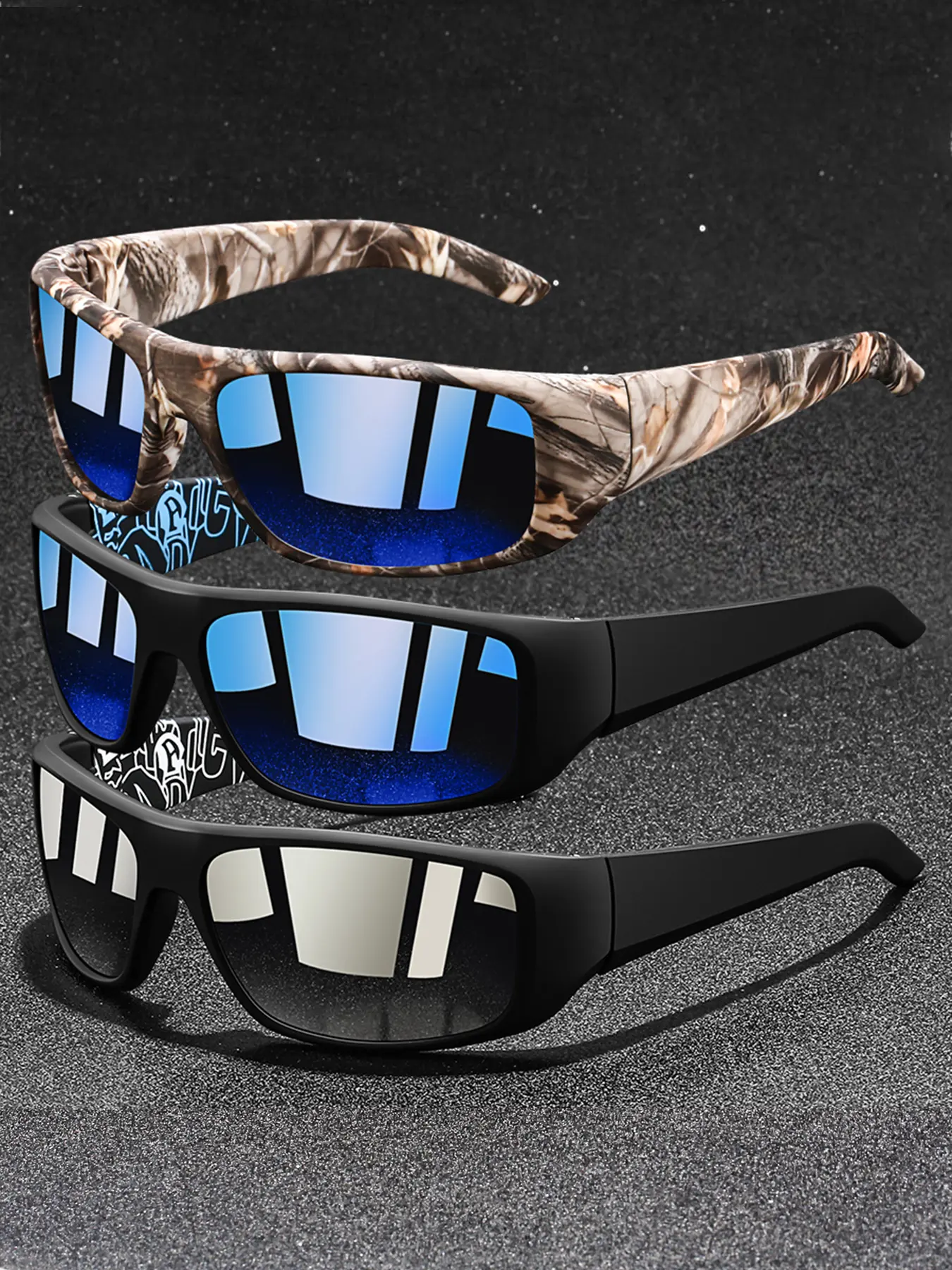 3 pairs of camo pattern sports sunglasses, Sporty sunglasses, Outdoor sports eyewear, unisex, available in multiple colors, featuring UV400 lenses, ideal for outdoor activities, with anti-slip frames, stylish and practical